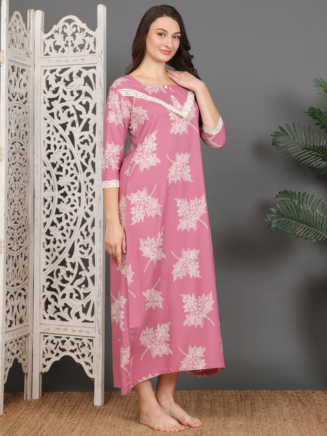 Pink Abstract Printed Viscose Rayon Nighty For Women | Claura