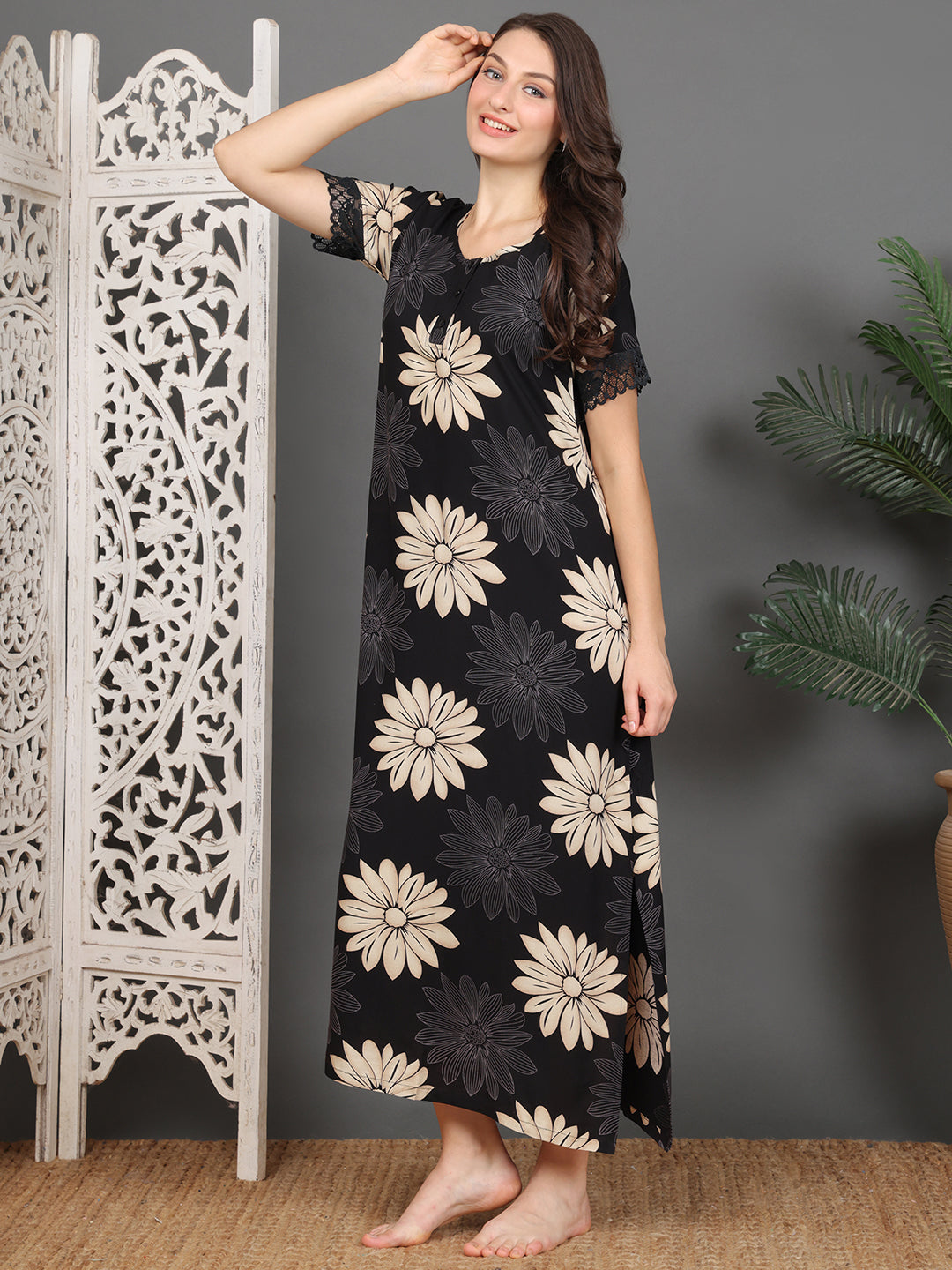 Black Floral Printed Viscose Rayon Nighty For Women | Claura