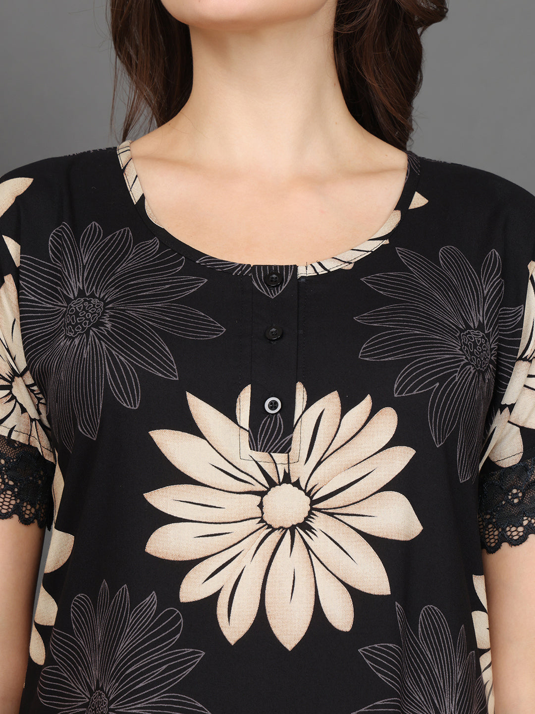 Black Floral Printed Viscose Rayon Nighty For Women | Claura