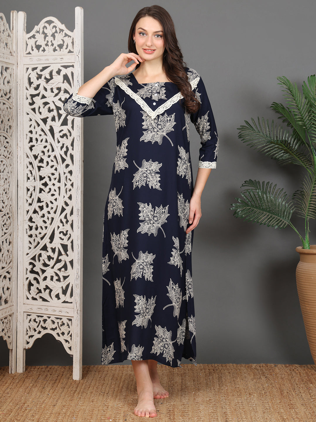 Navy Abstract Printed Viscose Rayon Nighty For Women | Claura