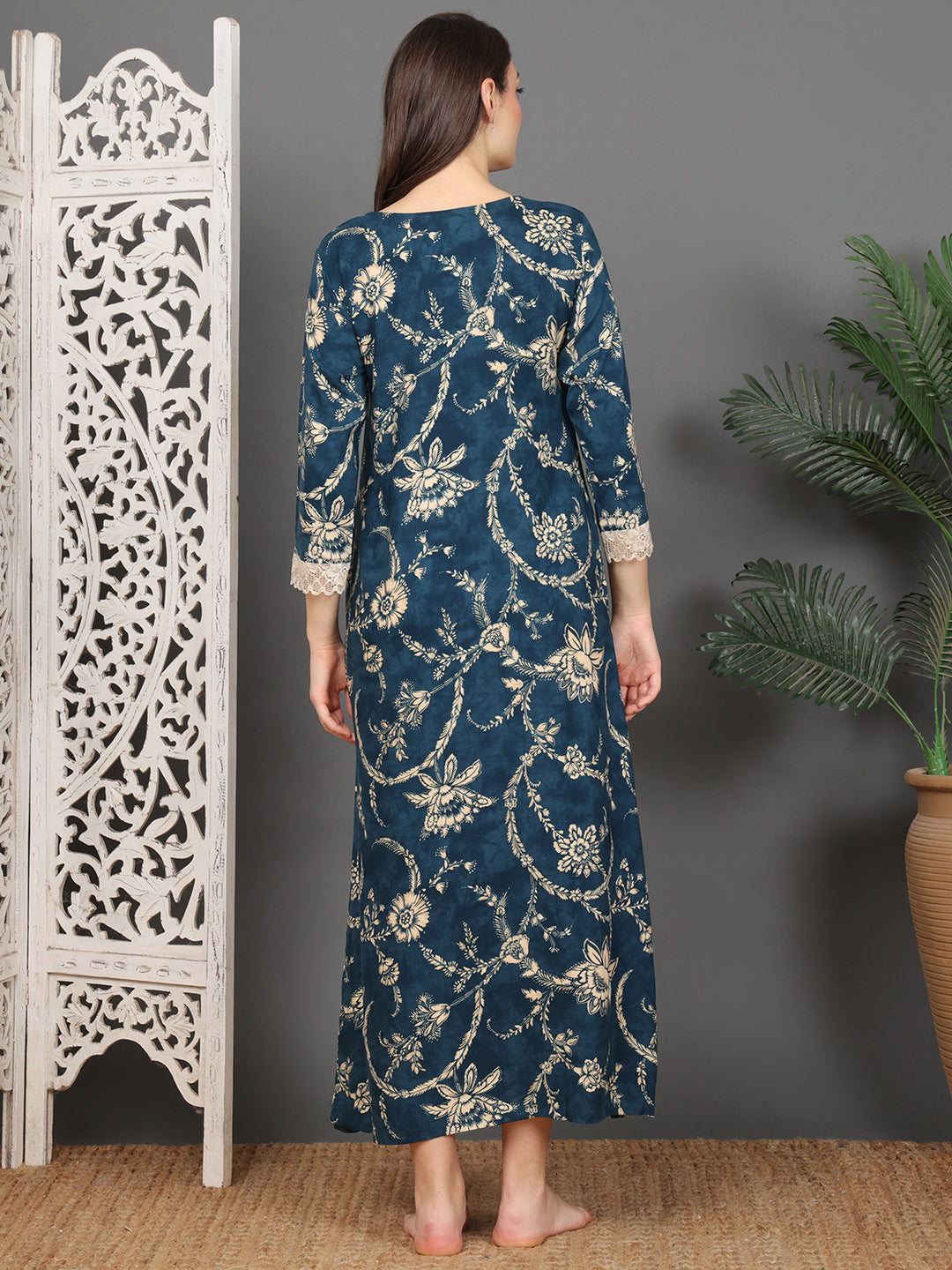 Navy Blue Abstract Printed Viscose Rayon Nighty For Women | Claura