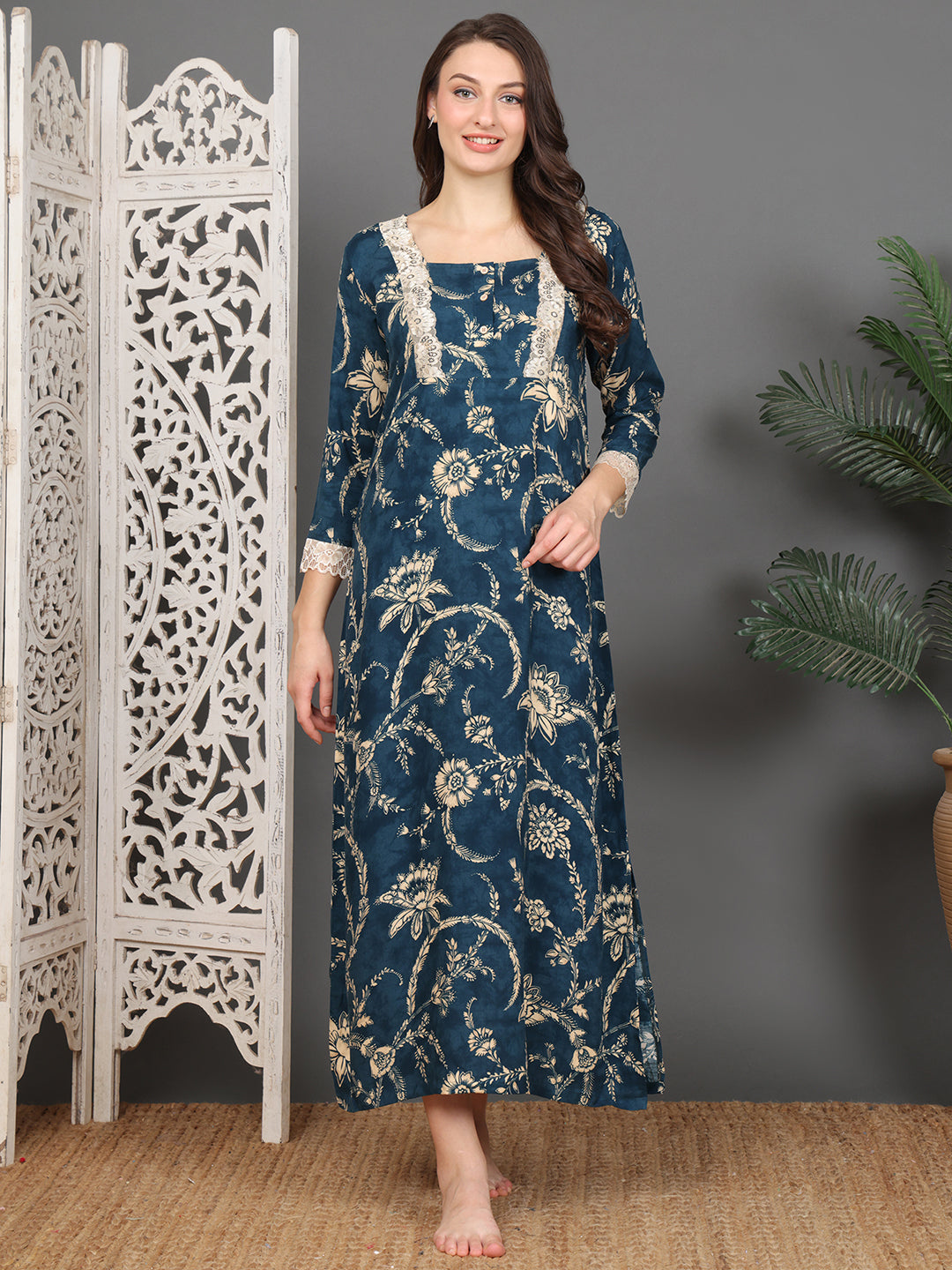 Navy Blue Abstract Printed Viscose Rayon Nighty For Women | Claura