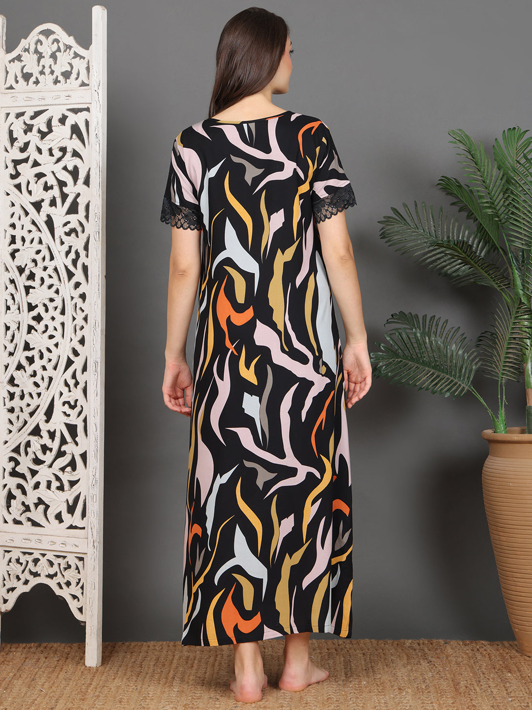 Black Abstract Printed Viscose Rayon Nighty For Women | Claura