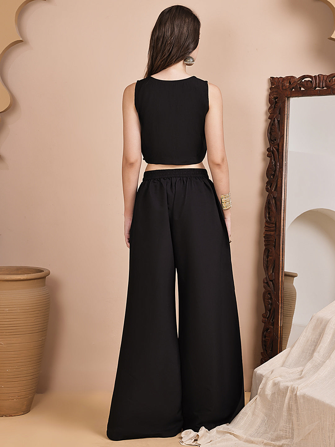 Black Ethnic Printed Chanderi Silk Co-Ord Set for Women | Claura