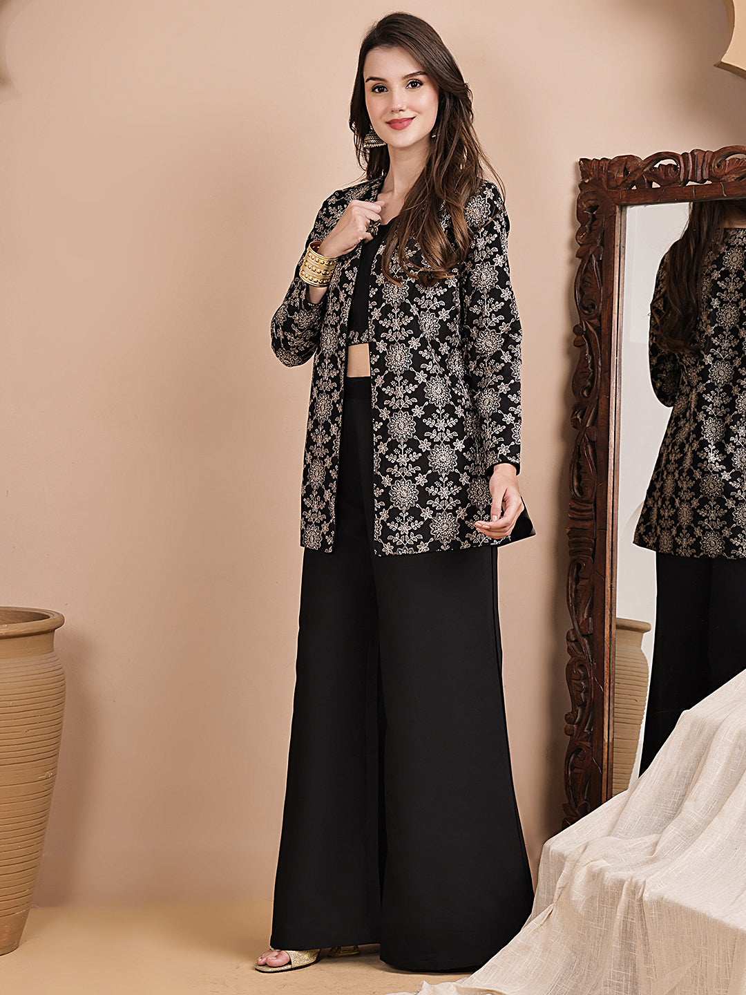 Black Ethnic Printed Chanderi Silk Co-Ord Set for Women | Claura