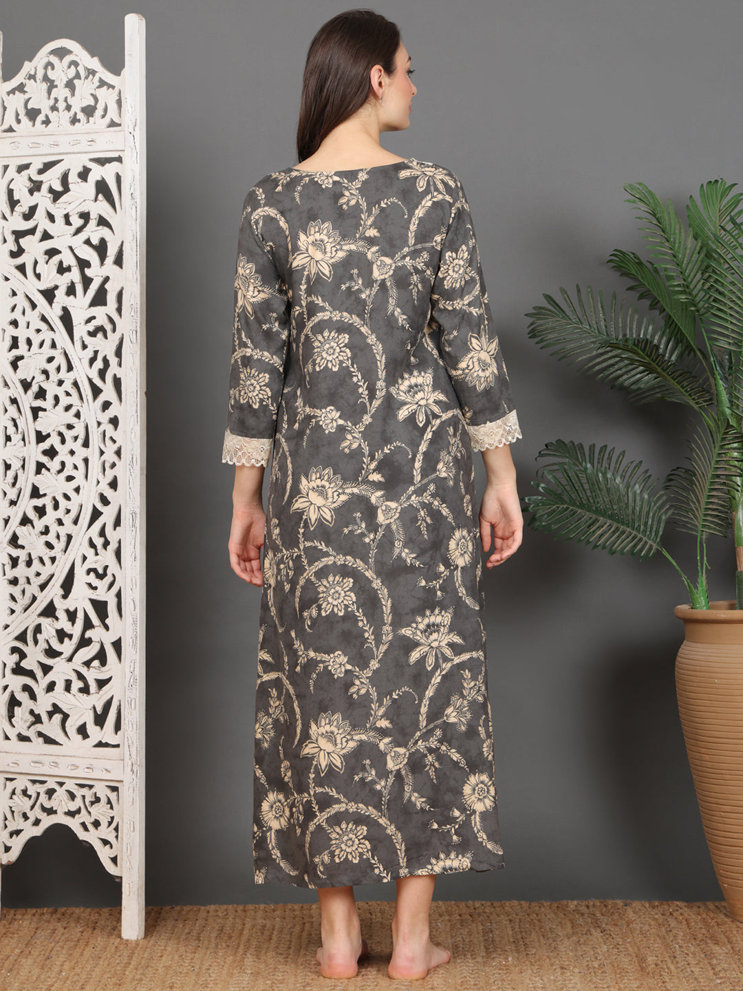 Grey Abstract Printed Viscose Rayon Square-Neck Nighty For Women | Claura