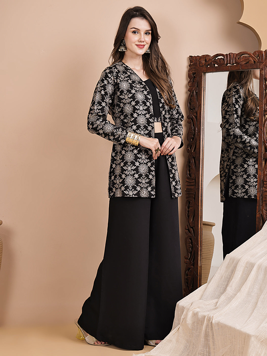 Black Ethnic Printed Chanderi Silk Co-Ord Set for Women | Claura