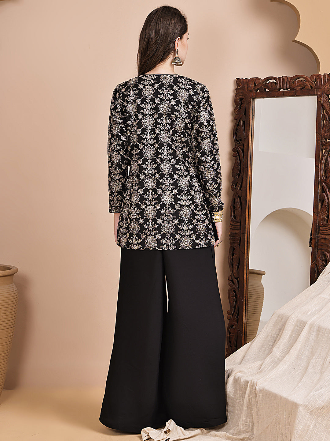 Black Ethnic Printed Chanderi Silk Co-Ord Set for Women | Claura