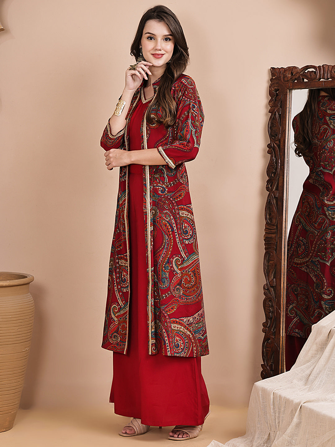 Red Co-Ord Set with pants & printed top