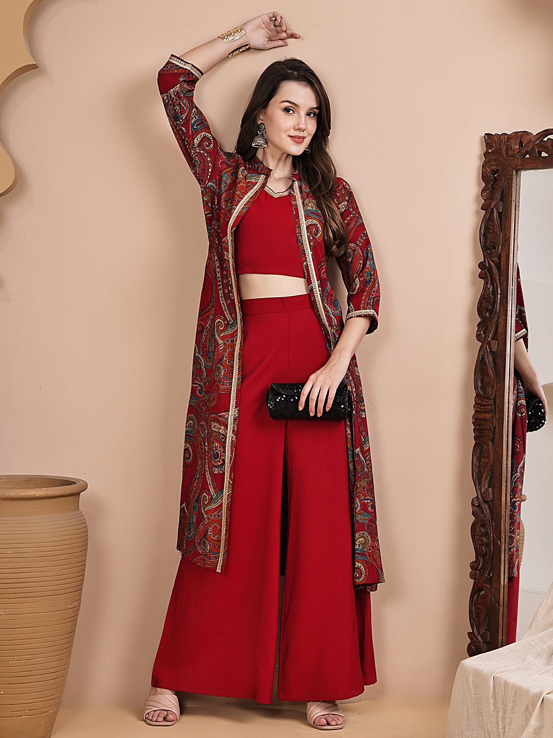 Red Co-Ord Set with pants & printed top