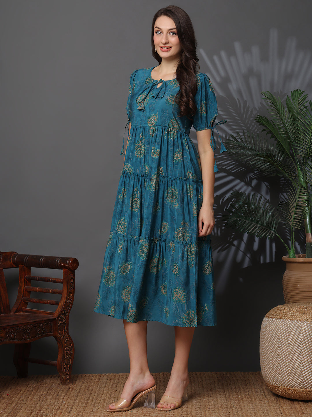 Lifestyle shot of Blue Chanderi Dress for Women
