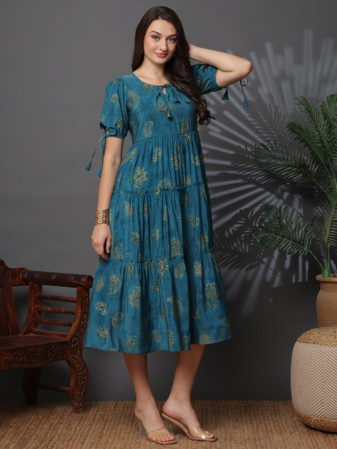 Blue Abstract Printed Premium Chanderi Dress for Women | Claura