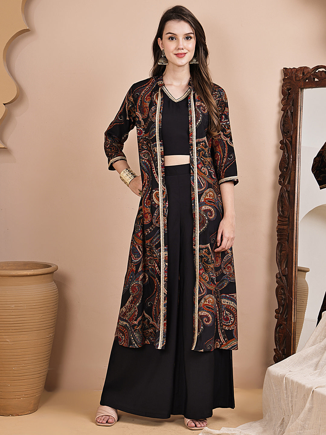 Woman wearing black ethnic printed Co-Ord Set