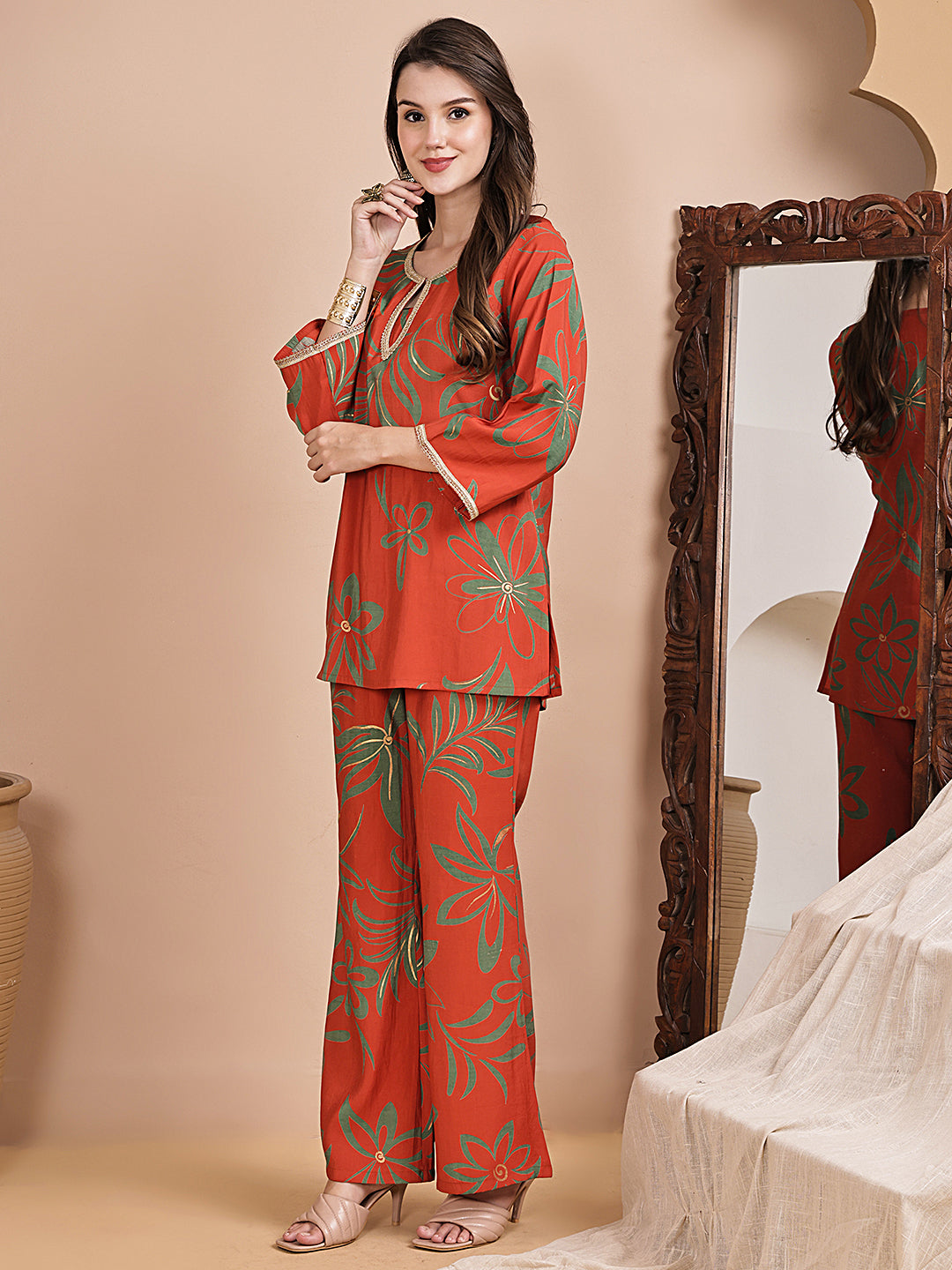 Orange Abstract Printed Chanderi Silk Co-Ord Set for Women | Claura