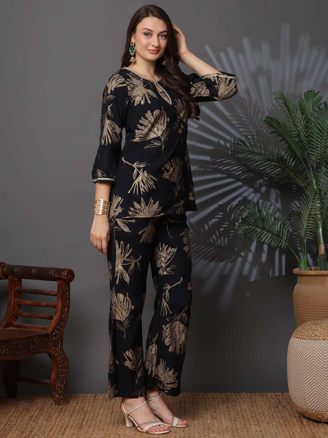 Lifestyle shot of Abstract Print Chanderi Co-Ord Set