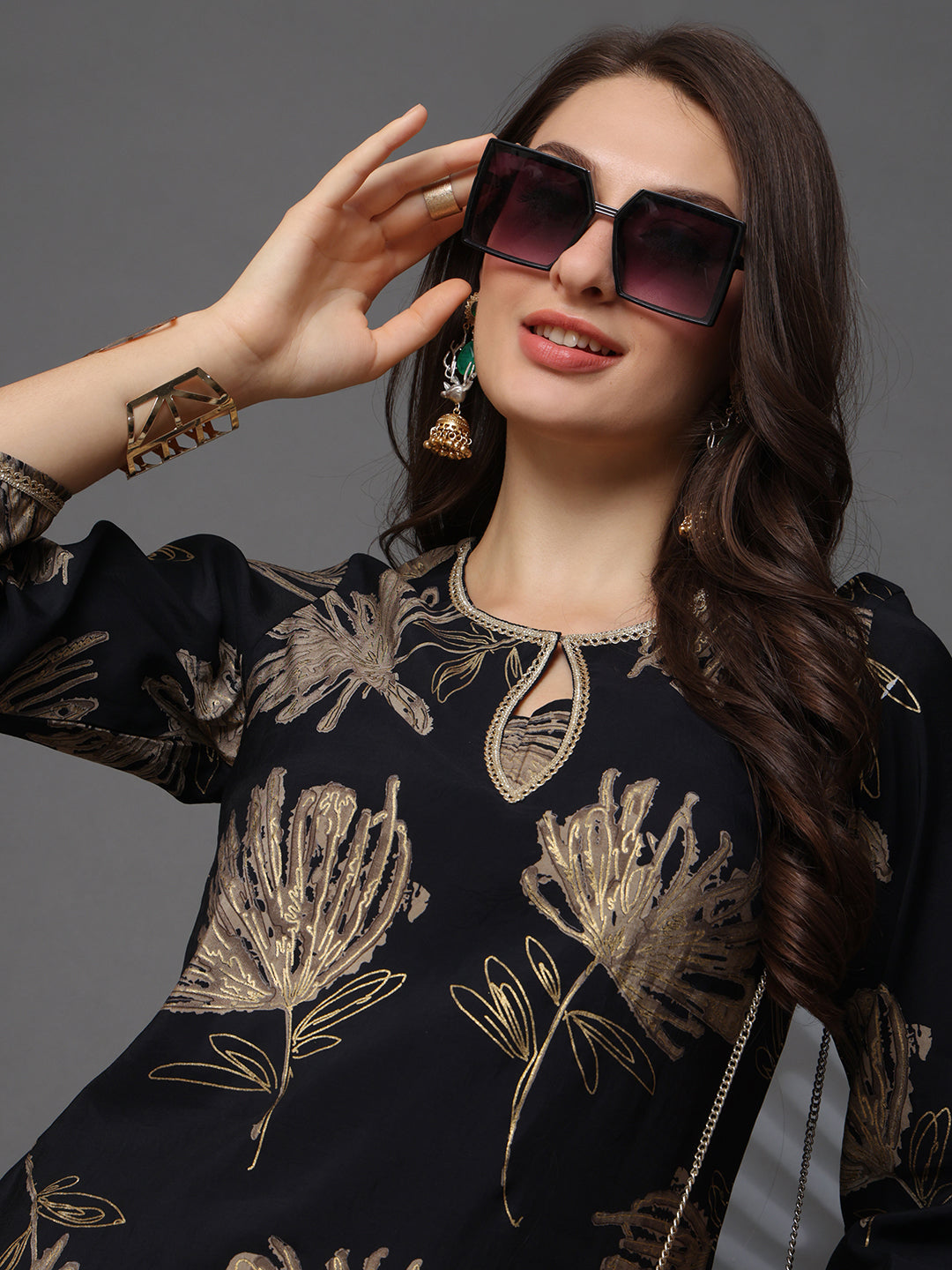 Black Abstract Printed Chanderi Silk Co-Ord Set for Women | Claura