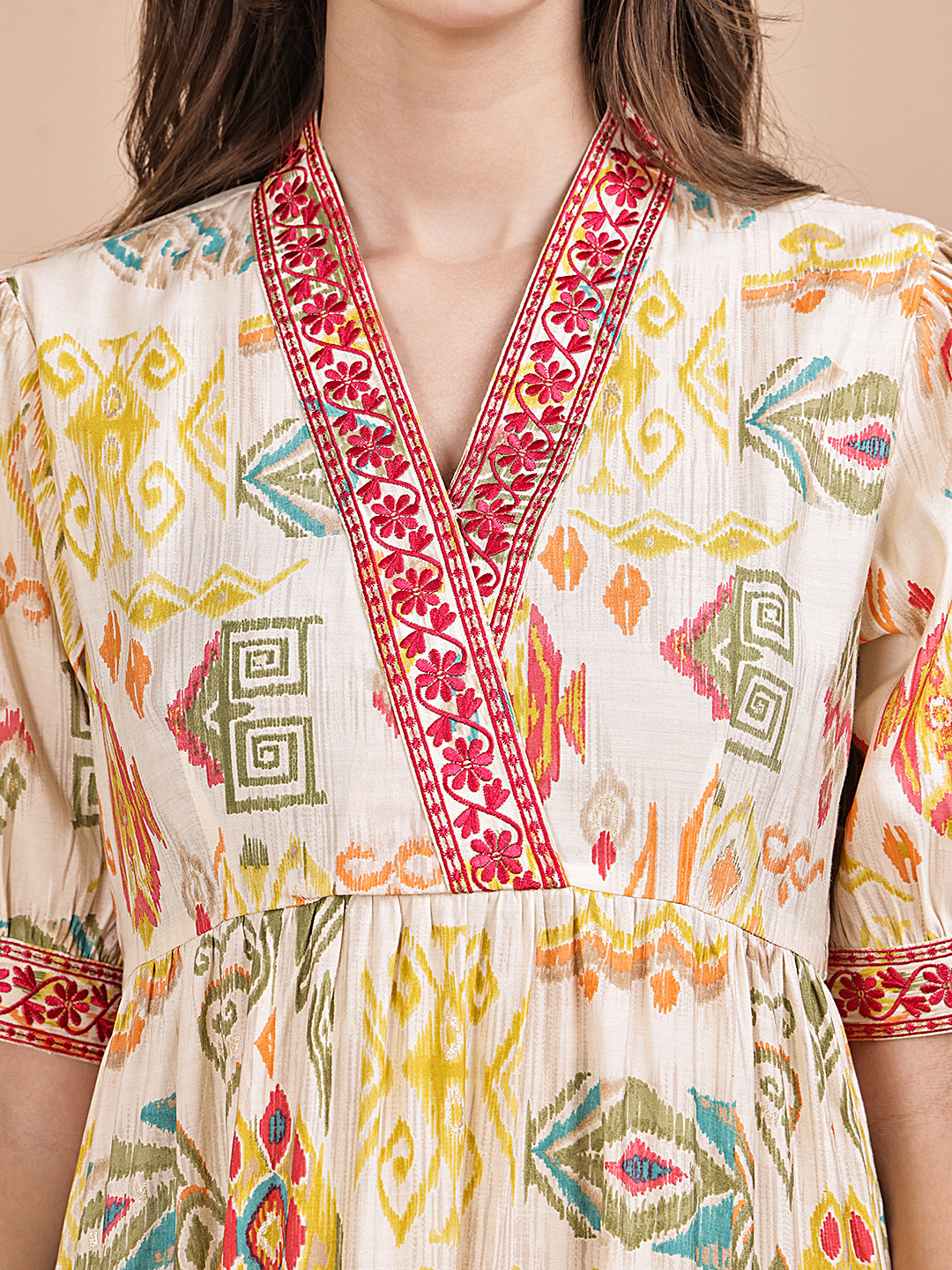 Multi Color Ethnic Motifs Printed Chanderi Silk Dress For Women