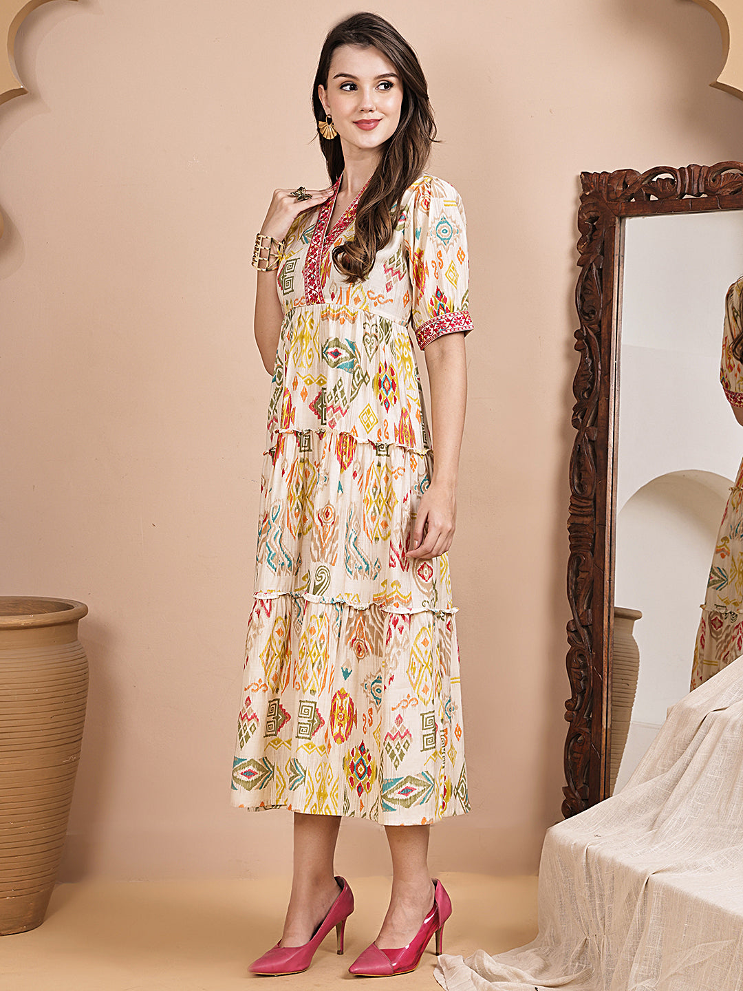 Multi Color Ethnic Motifs Printed Chanderi Silk Dress For Women