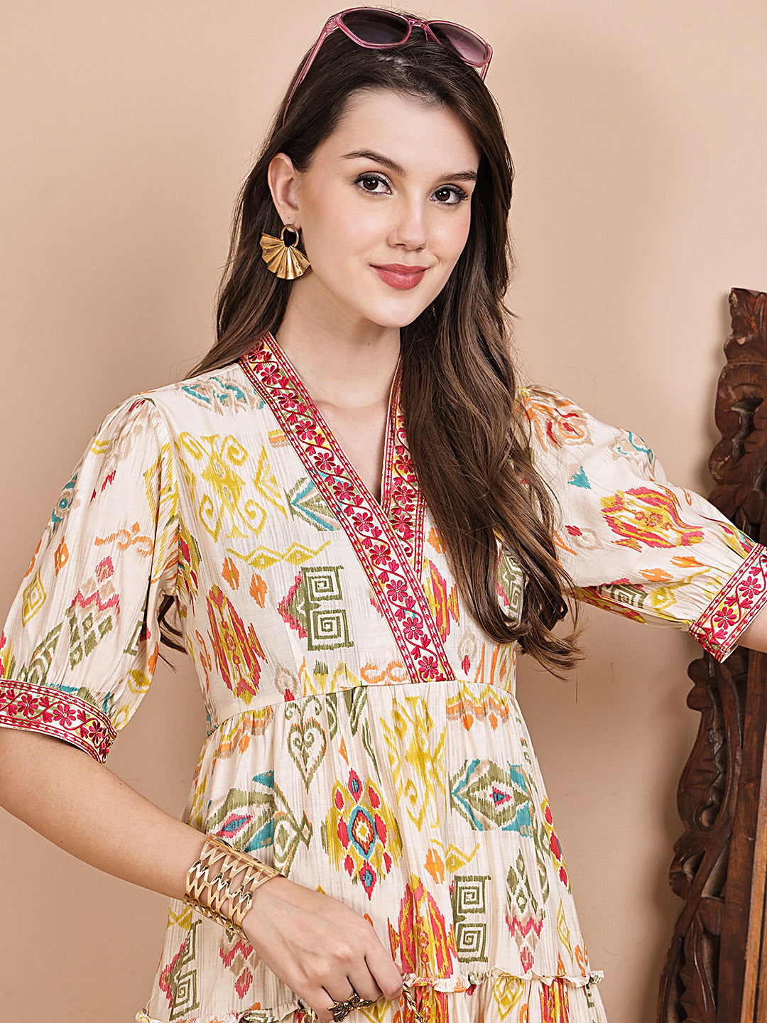 Multi Color Ethnic Motifs Printed Chanderi Silk Dress For Women