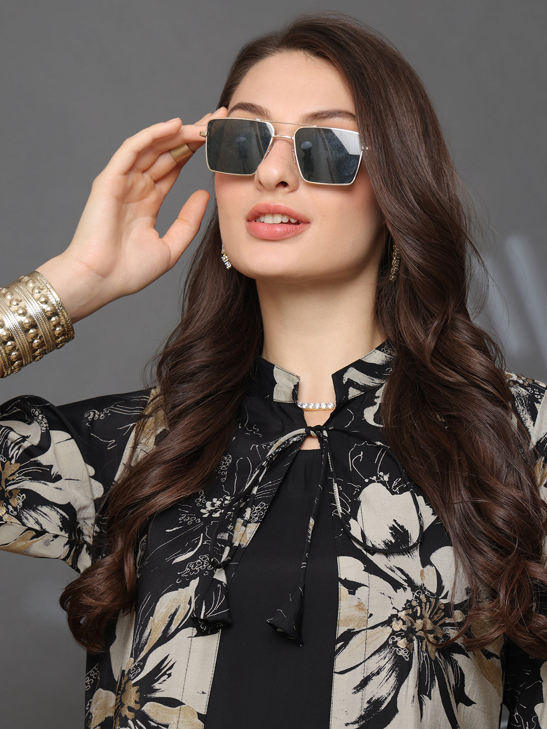 Black Color Floral Printed Chanderi Silk Dress for Women | Claura