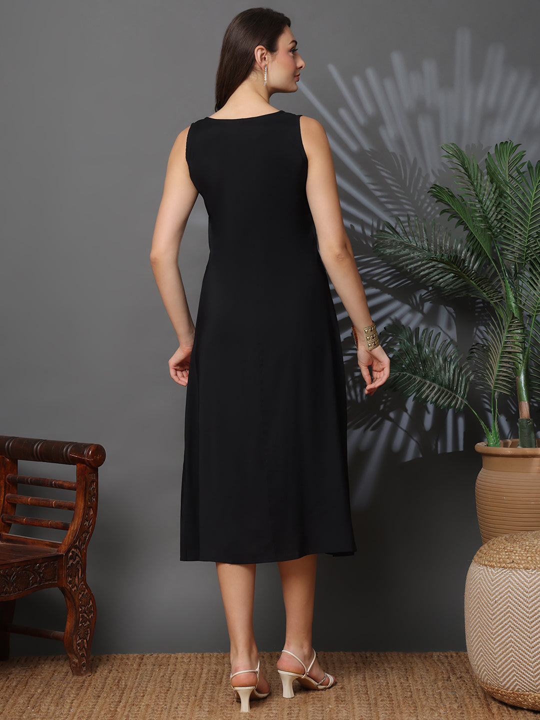 Black Color Floral Printed Chanderi Silk Dress for Women | Claura