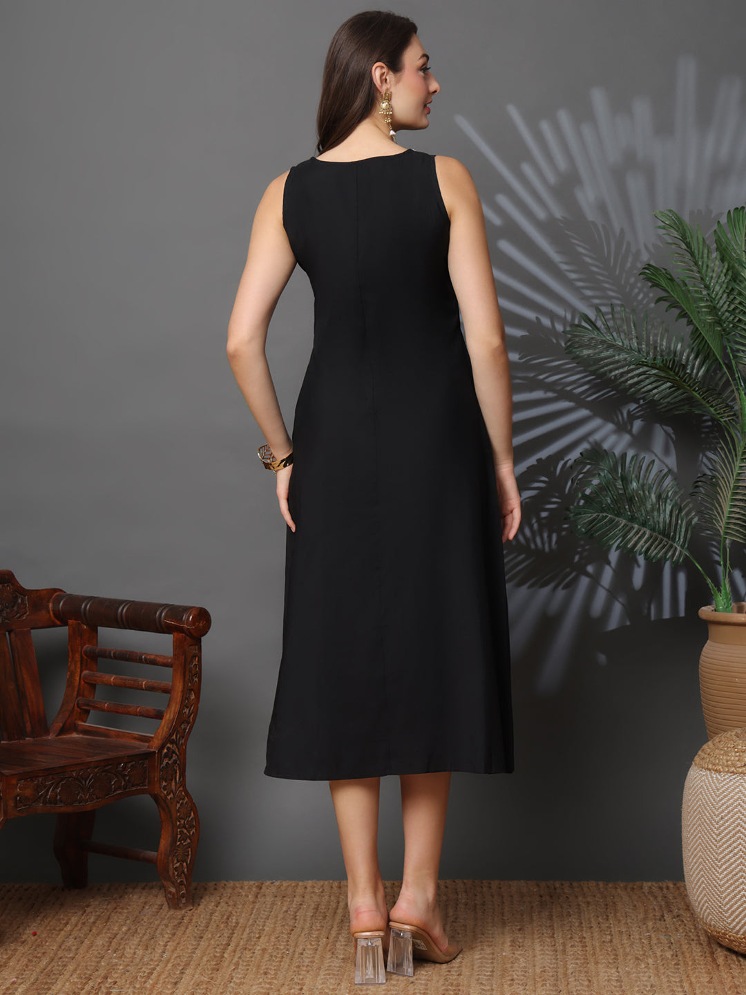 Black Chanderi Silk Floral Printed Dress for Women | Claura