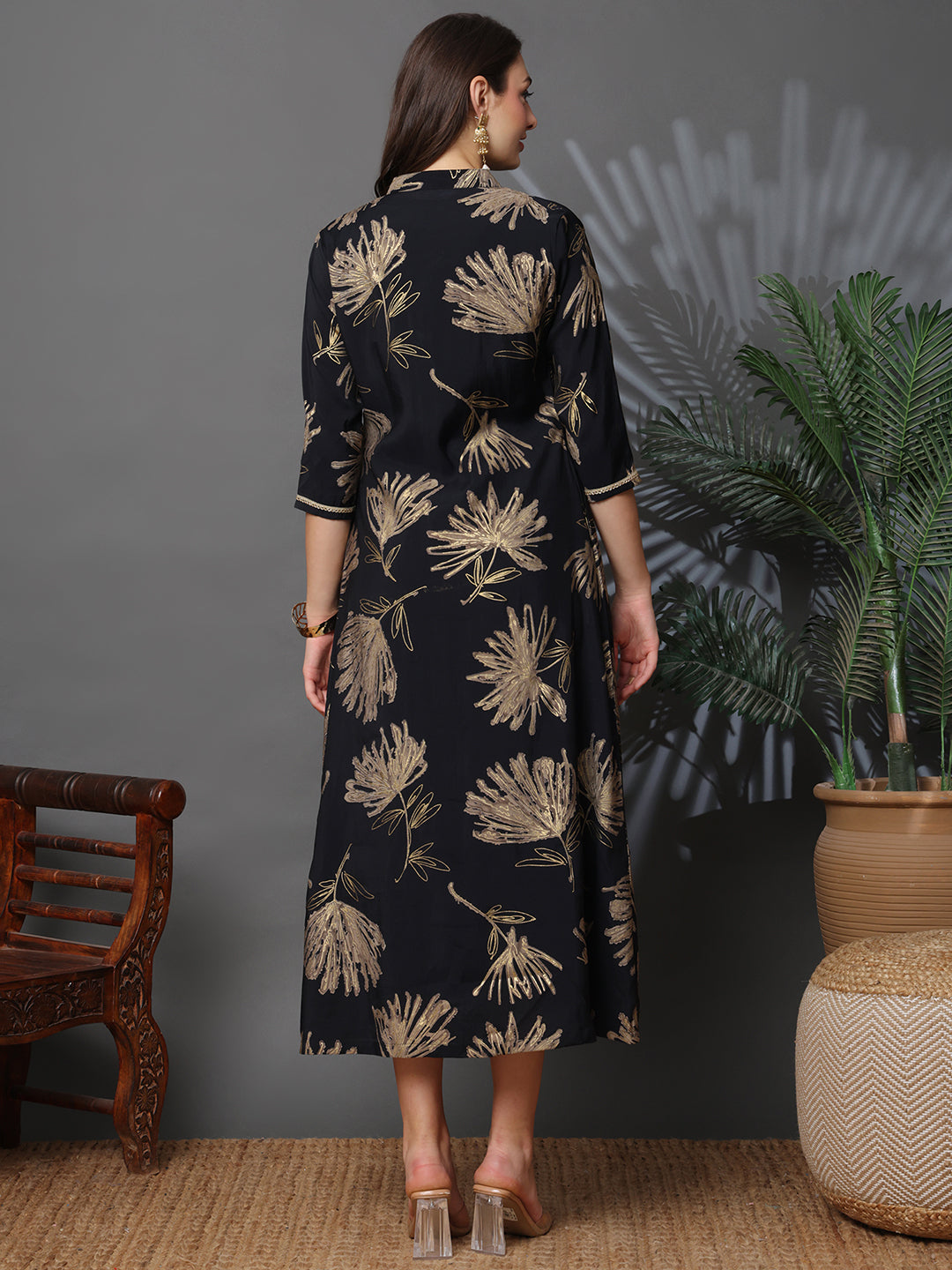 Black Chanderi Silk Floral Printed Dress for Women | Claura