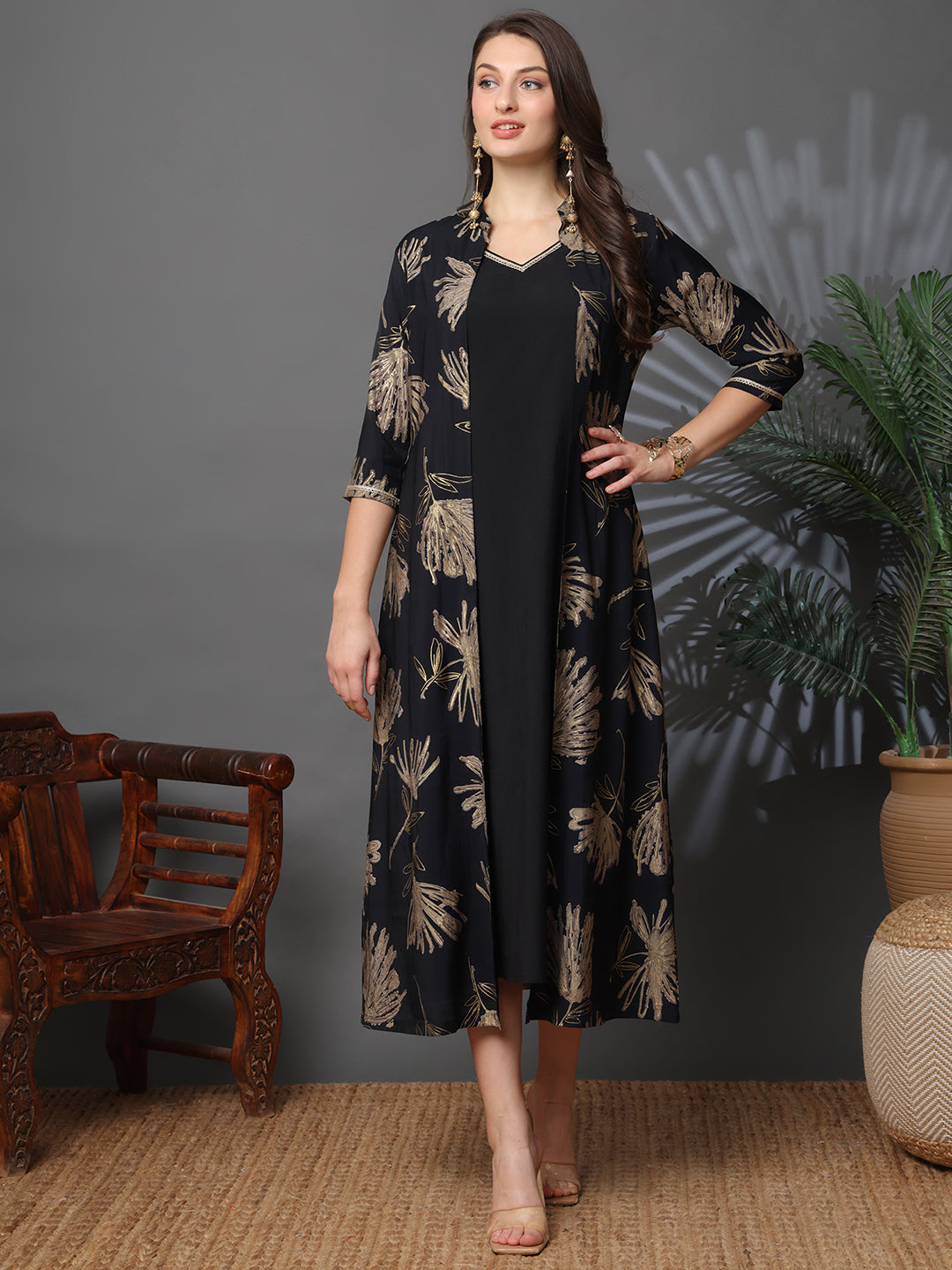 Black Chanderi Silk Floral Printed Dress for Women | Claura
