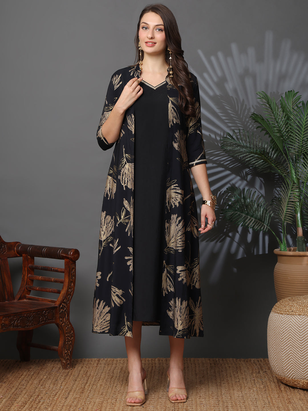 Black Chanderi Silk Floral Printed Dress for Women | Claura