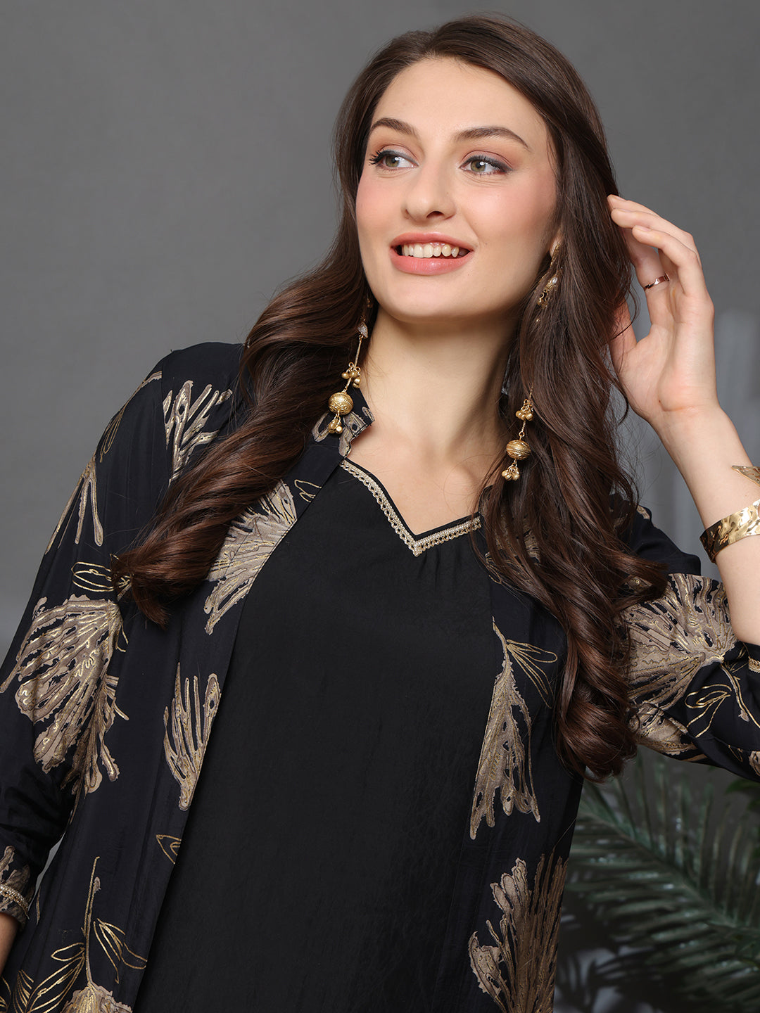 Black Chanderi Silk Floral Printed Dress for Women | Claura