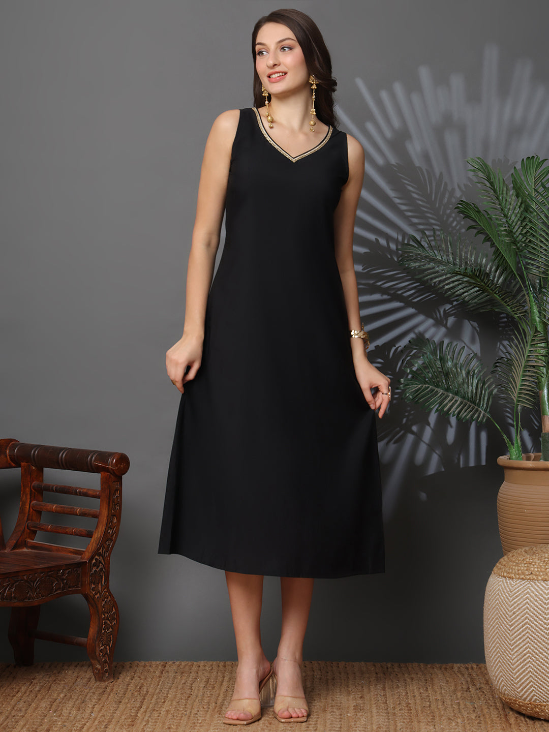 Black Chanderi Silk Floral Printed Dress for Women | Claura