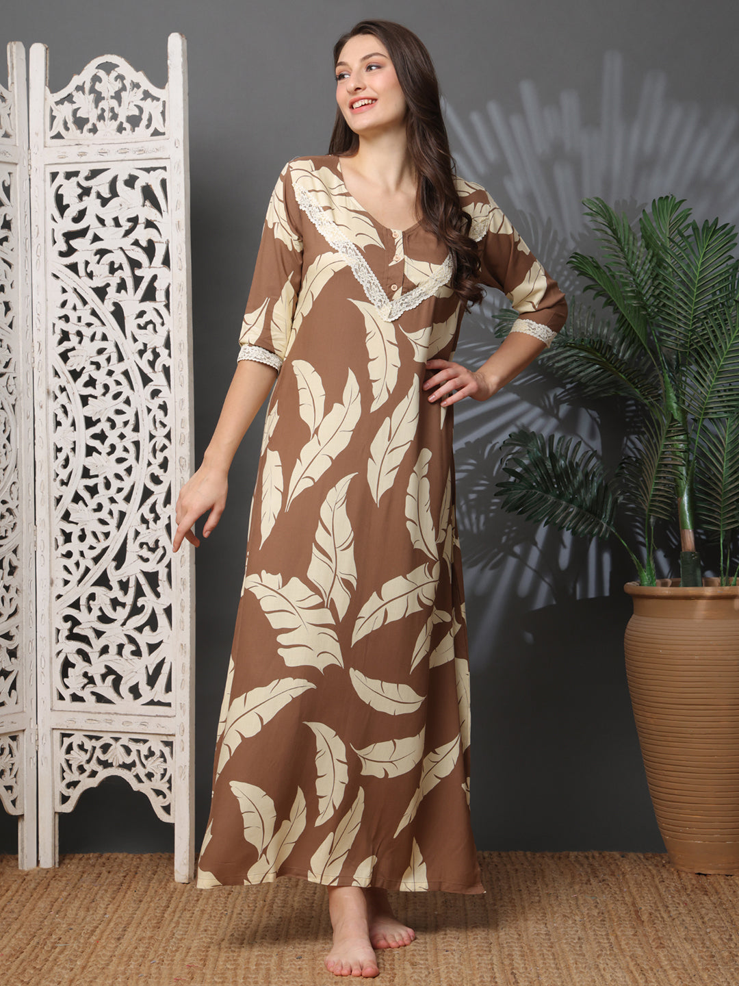 Brown Colour Abstract Printed Viscose Rayon Nighty For Women | Claura