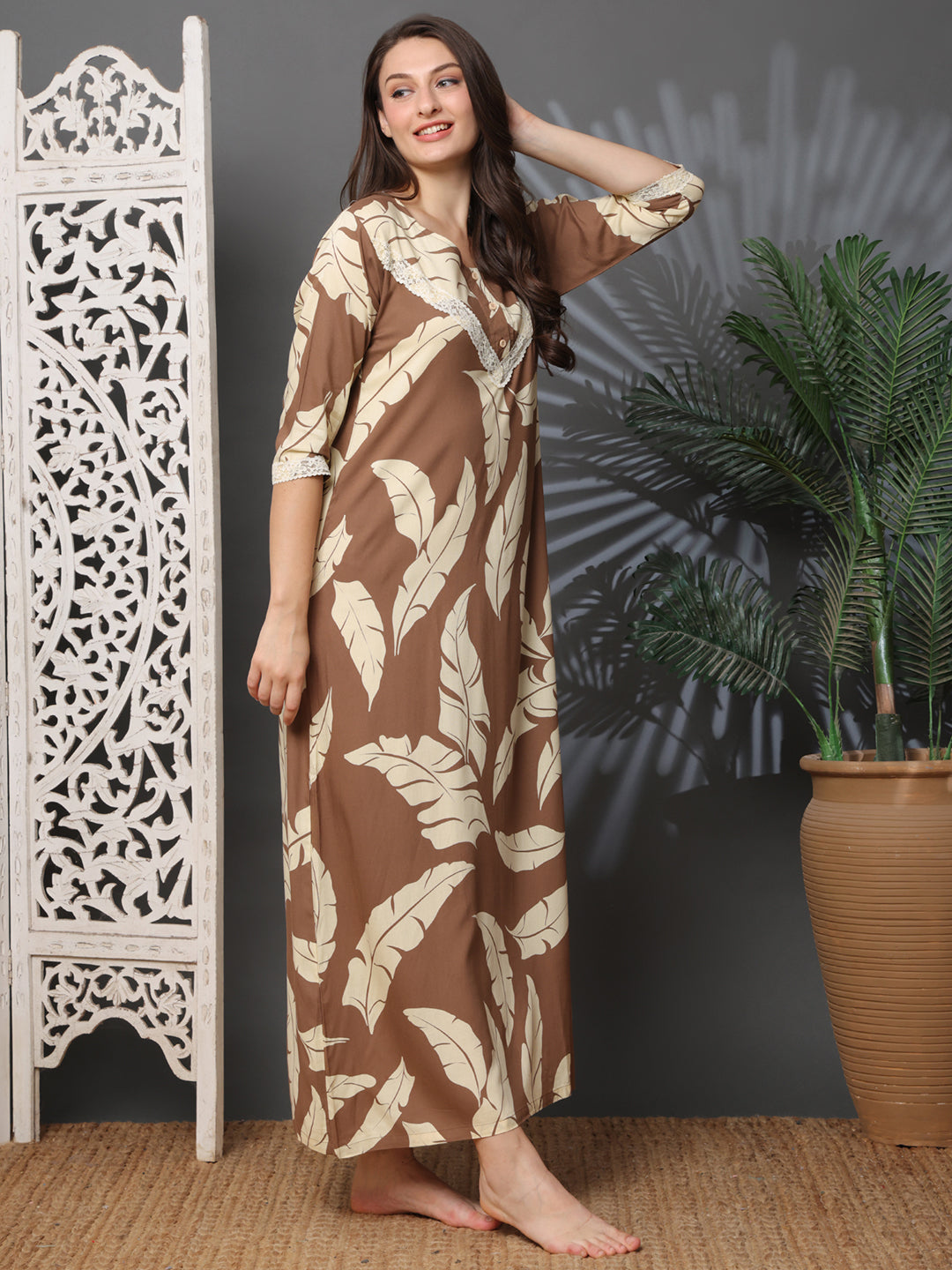 Brown Colour Abstract Printed Viscose Rayon Nighty For Women | Claura