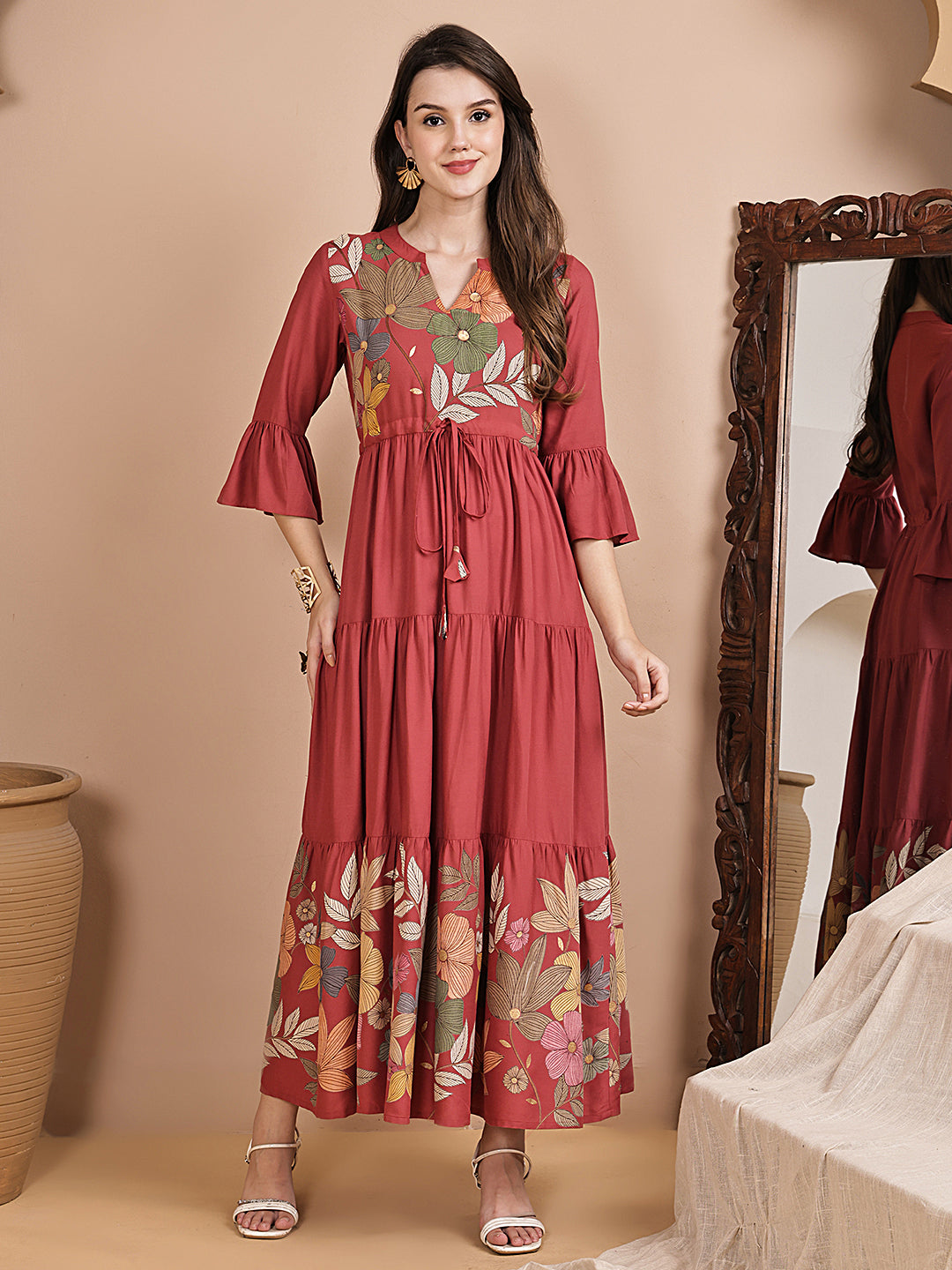 Pink Color Floral Printed Viscose Rayon Dress For Women