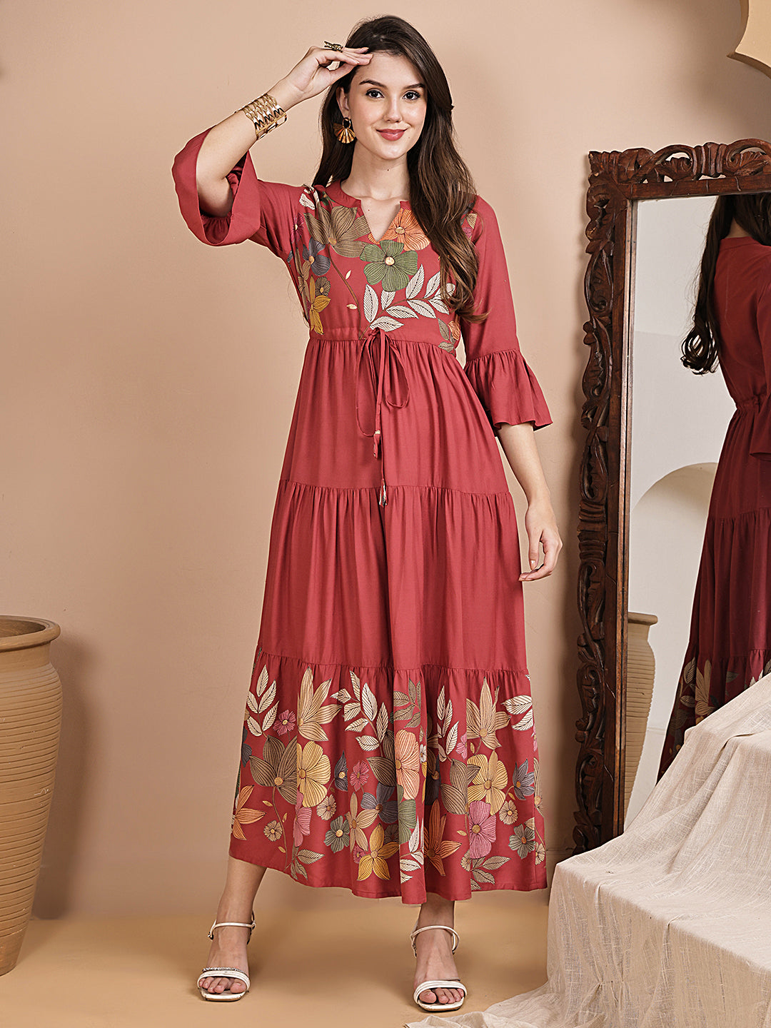 Pink Color Floral Printed Viscose Rayon Dress For Women