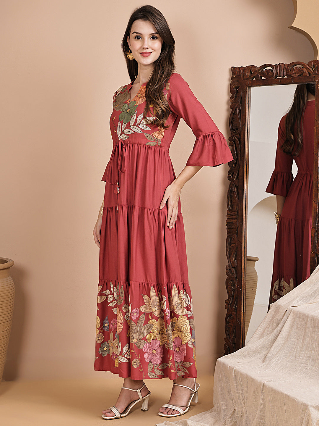 Pink Color Floral Printed Viscose Rayon Dress For Women