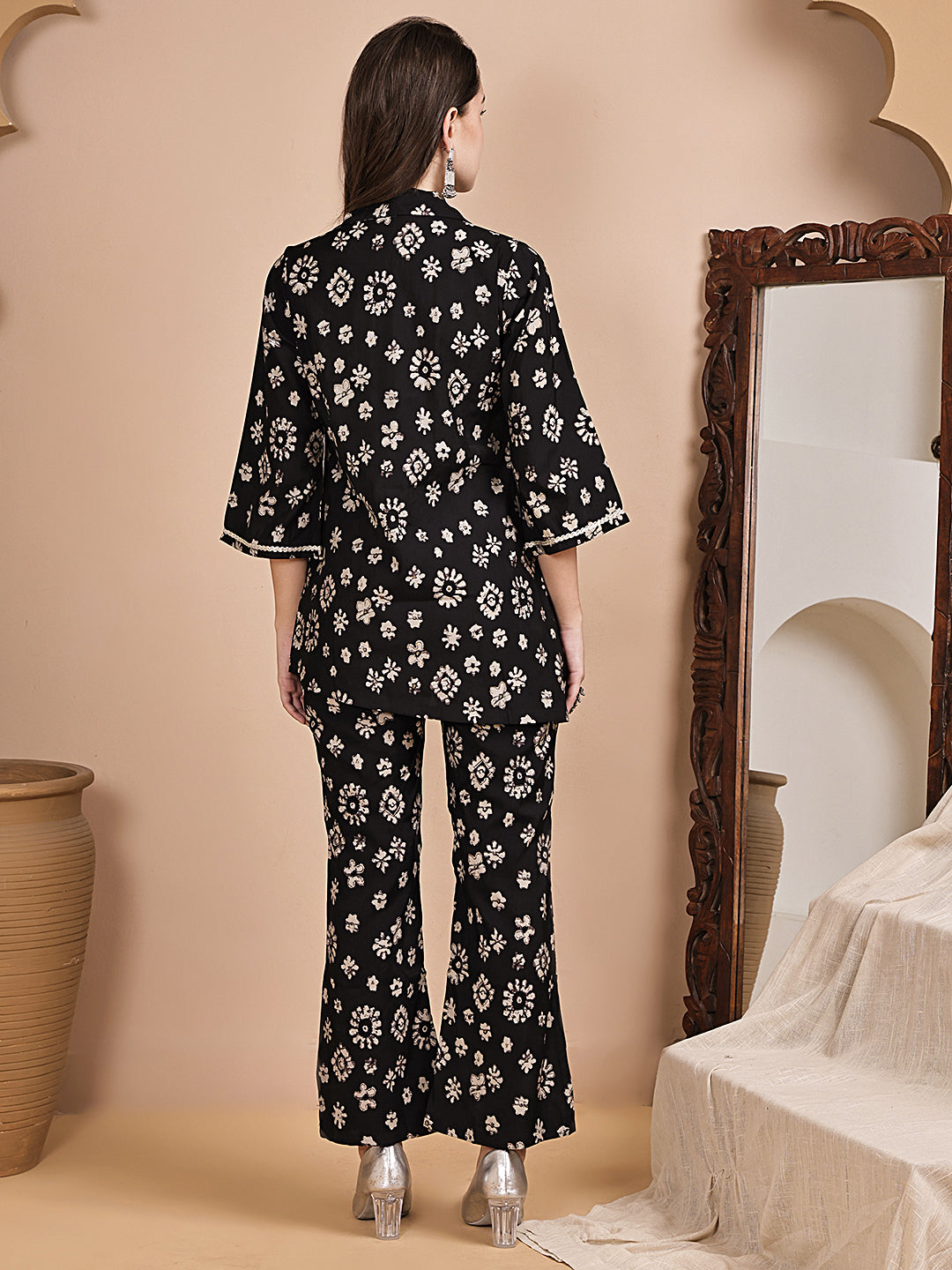 Black Floral Printed Chanderi Silk Co-Ord Set for Women | Claura