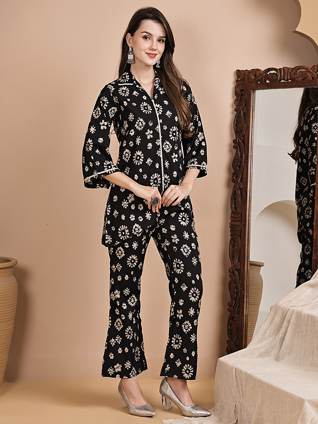 Black Floral Printed Chanderi Silk Co-Ord Set for Women | Claura