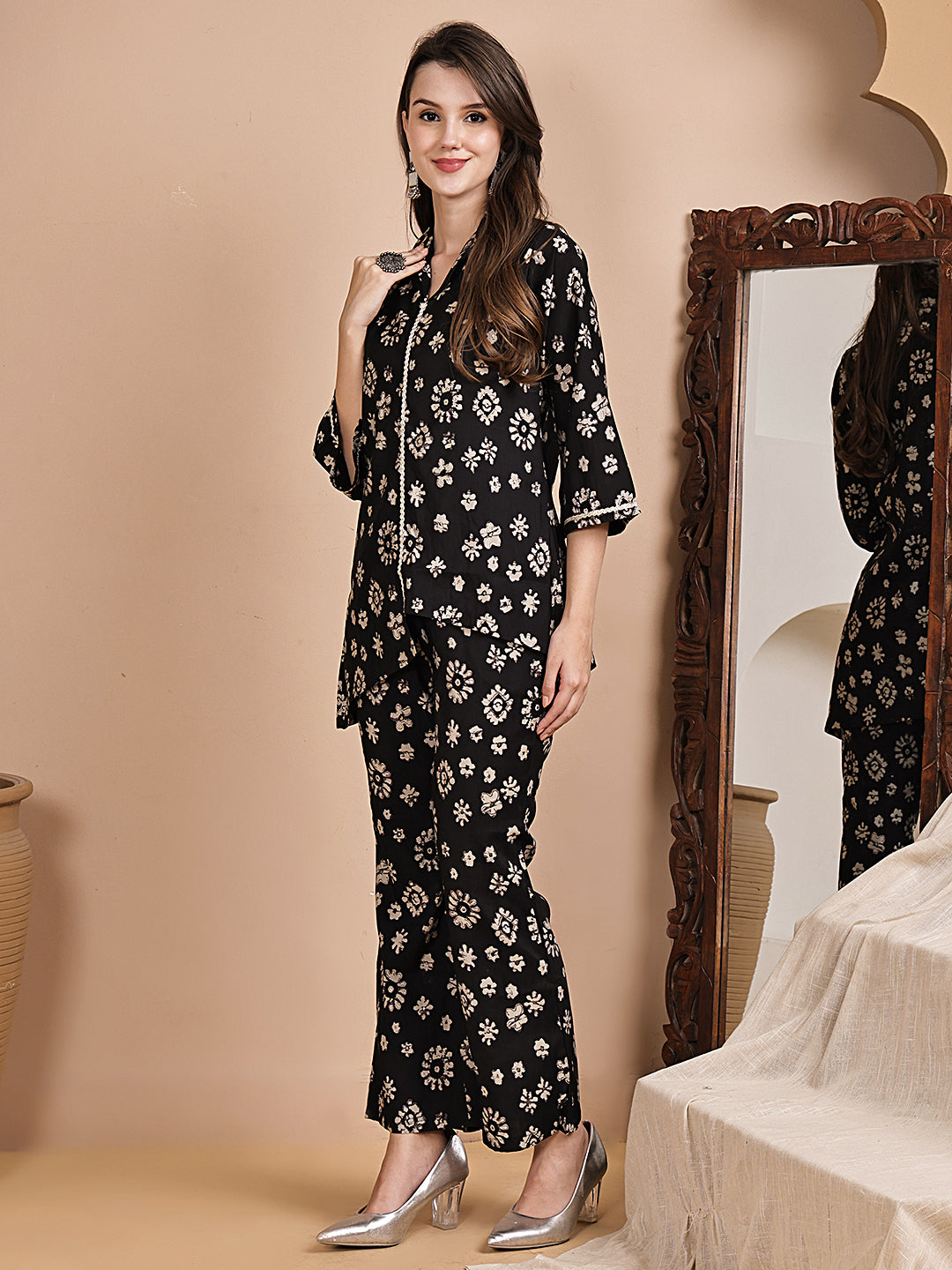 Black Floral Printed Chanderi Silk Co-Ord Set for Women | Claura