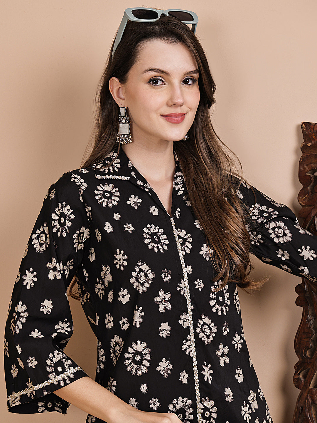 Black Floral Printed Chanderi Silk Co-Ord Set for Women | Claura