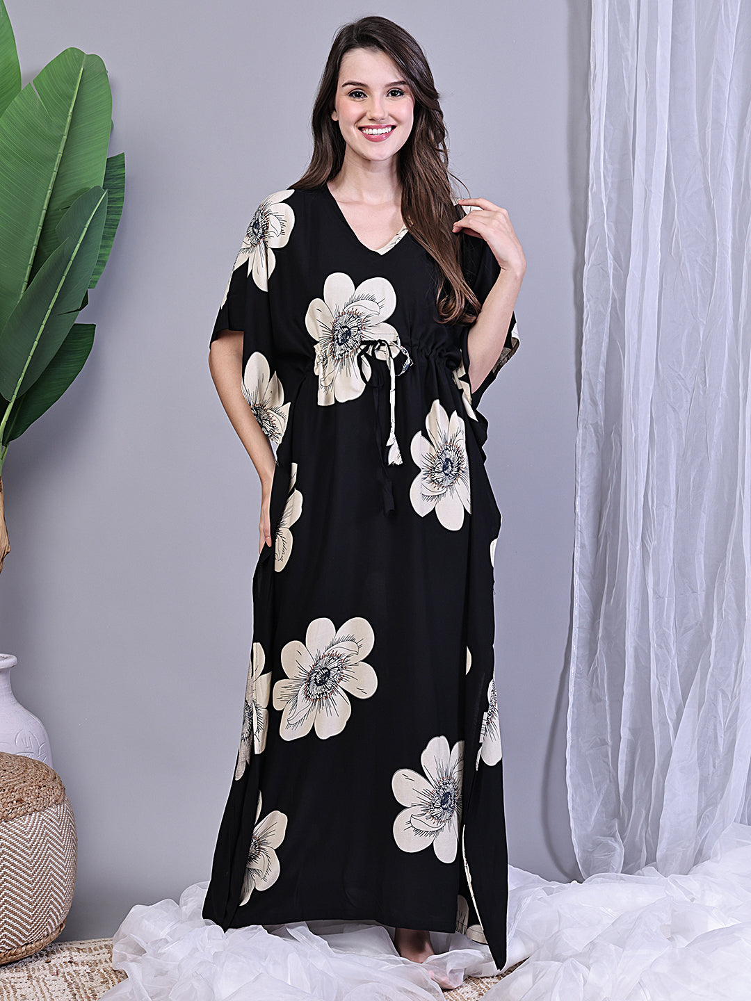 Close-up of viscose rayon fabric on black Kaftan Dress