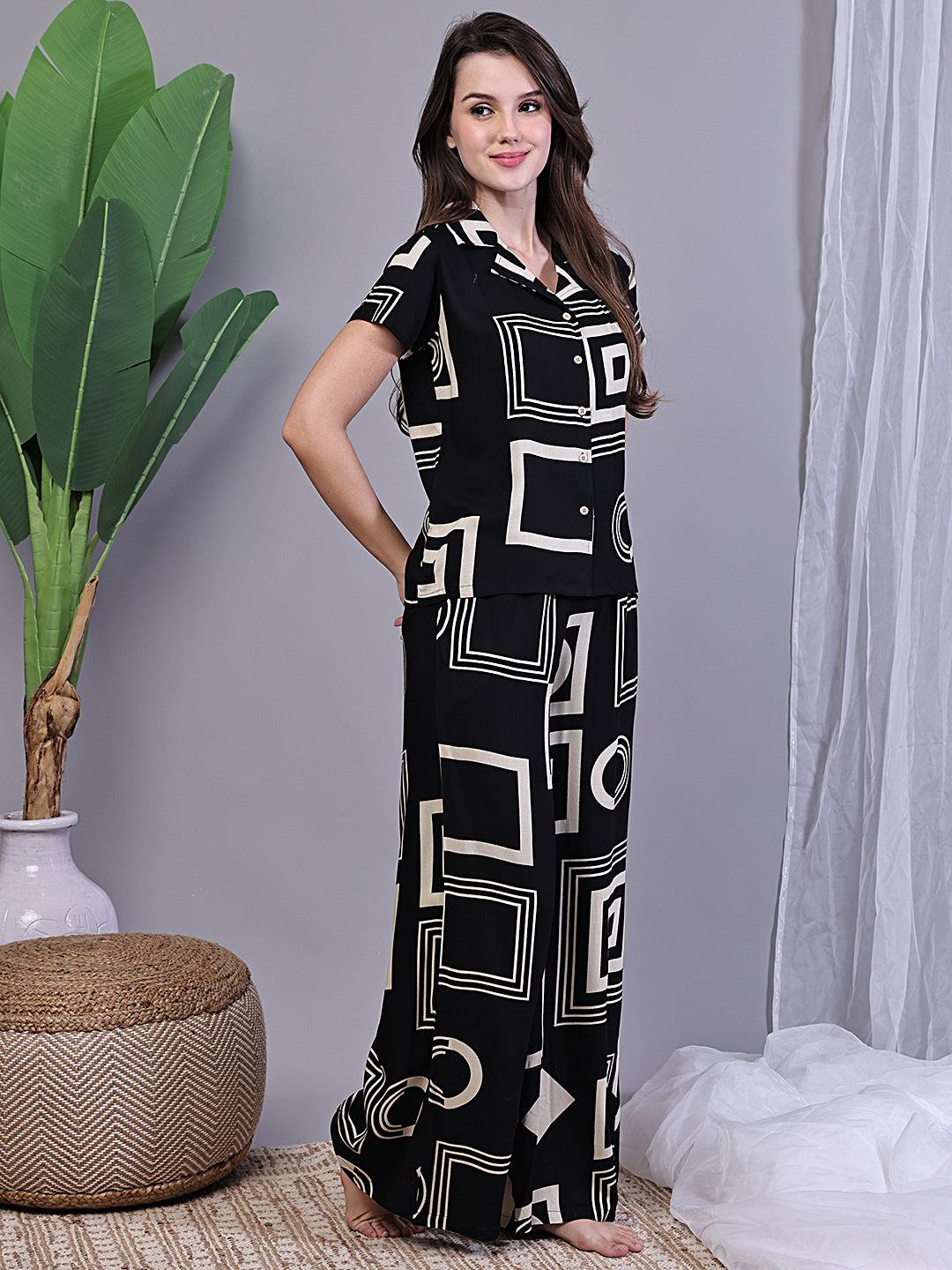 Black Abstract Night Suit with Short Sleeves and Shirt Collar