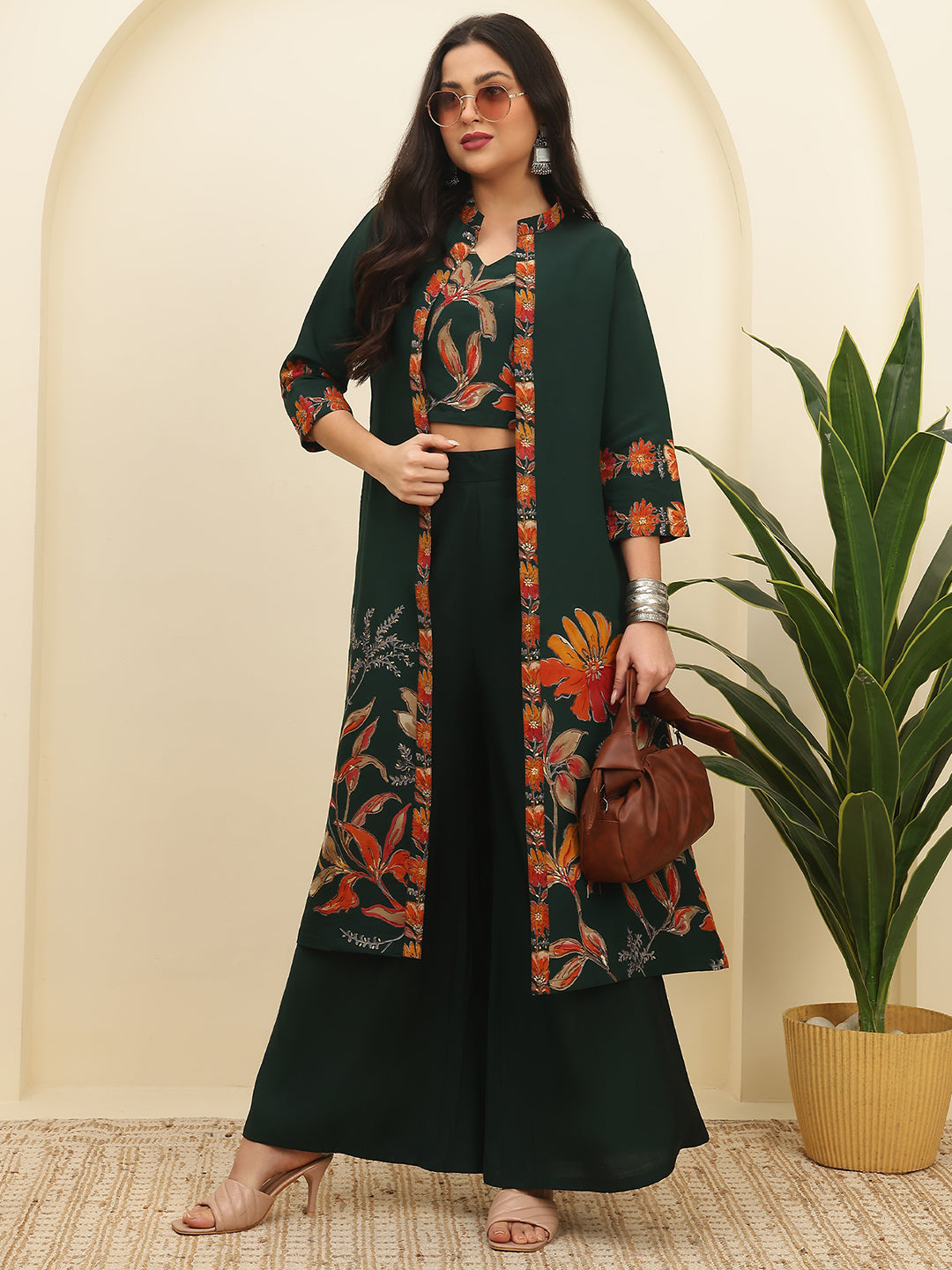 Lifestyle shot of Green Floral Chanderi Co-Ord Set