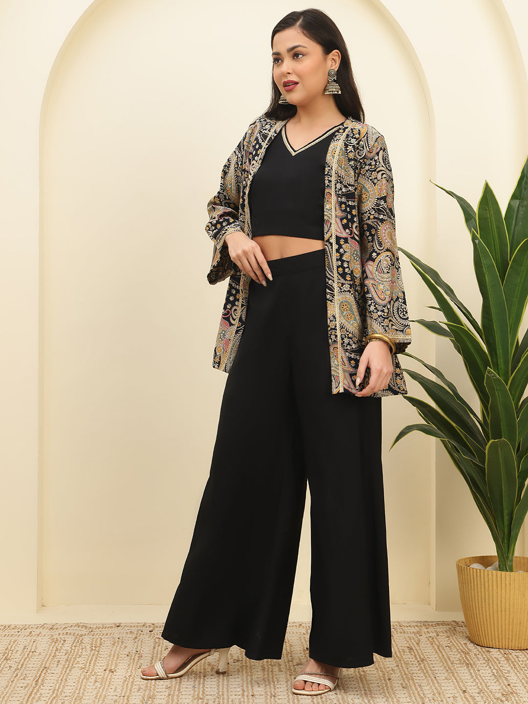 Black Ethnic Chanderi Silk Co-Ord Set for Women With Jacket | Claura