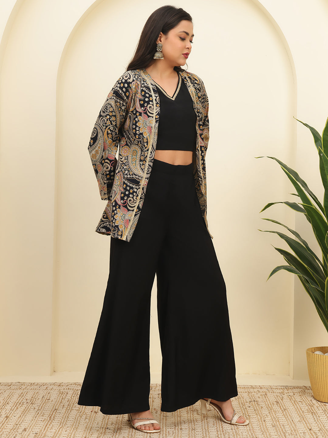 Black Ethnic Chanderi Silk Co-Ord Set for Women With Jacket | Claura
