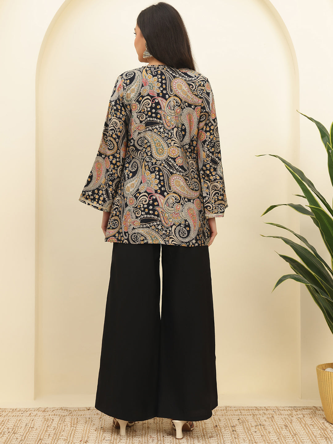 Black Ethnic Chanderi Silk Co-Ord Set for Women With Jacket | Claura