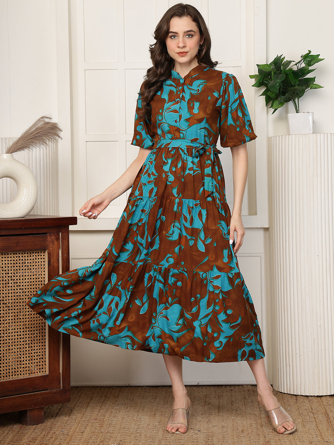 Green Abstract Print Cotton Mandarin Collar A-Line Midi Dress | Claura