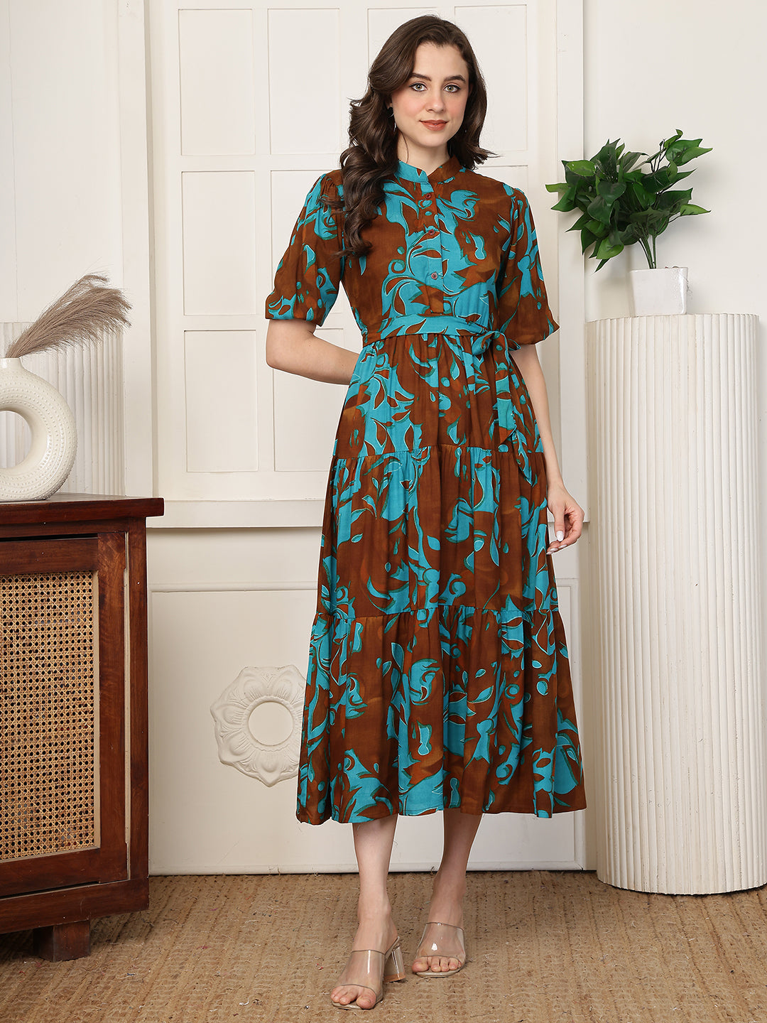 Green Abstract Print Cotton Mandarin Collar A-Line Midi Dress | Claura