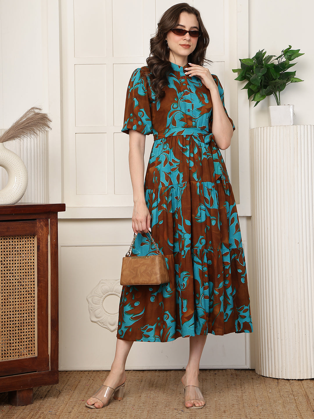 Green Abstract Print Cotton Mandarin Collar A-Line Midi Dress | Claura
