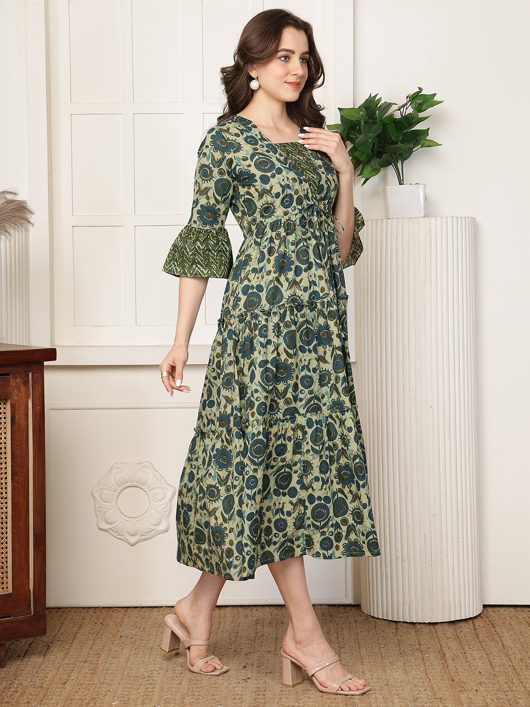 Green Floral Printed Square Neck A-Line Midi Dress | Claura